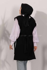 Modalamelif V Yaka Kuşak Bağlamalı Süveter Yelek Siyah