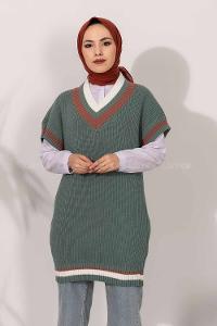 Modalamelif V Yaka Renk Garnili Triko Süveter Çağla Yeşili