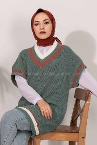 Modalamelif V Yaka Renk Garnili Triko Süveter Çağla Yeşili