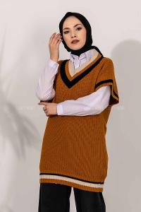 Modalamelif V Yaka Renk Garnili Triko Süveter Camel
