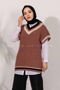 Modalamelif V Yaka Renk Garnili Triko Süveter Gül