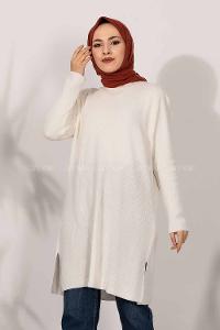 Modalamelif  V Yaka Yırtmaç Detaylı Salaş Tunik Beyaz