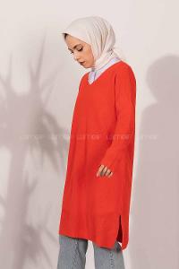 Modalamelif  V Yaka Yırtmaç Detaylı Salaş Tunik Kırmızı