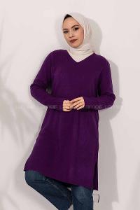 Modalamelif  V Yaka Yırtmaç Detaylı Salaş Tunik Mor