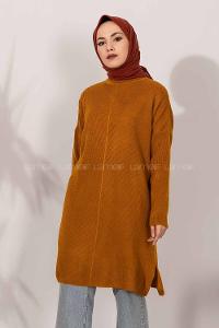 Modalamelif  Yarım Boğazlı Yırtmaç Detaylı Salaş Tunik Camel