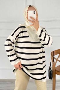 Modalamelif Yarım Fermuar Detaylı Çizgili Kazak Beyaz-Siyah