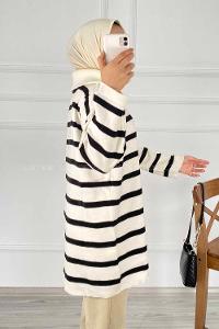 Modalamelif Yarım Fermuar Detaylı Çizgili Kazak Beyaz-Siyah