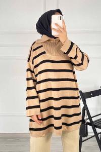 Modalamelif Yarım Fermuar Detaylı Çizgili Kazak Sütlükahve