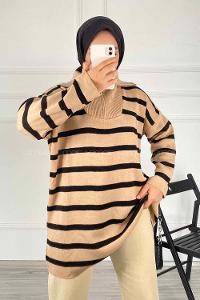 Modalamelif Yarım Fermuar Detaylı Çizgili Kazak Sütlükahve