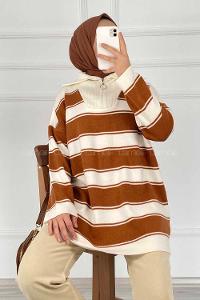 Modalamelif Yarım Fermuar Detaylı Kalın Çizgili Kazak Kahverengi
