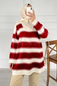 Modalamelif Yarım Fermuar Detaylı Kalın Çizgili Kazak Kırmızı