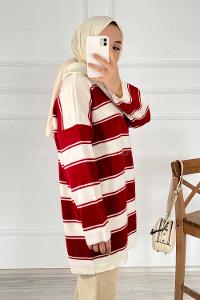 Modalamelif Yarım Fermuar Detaylı Kalın Çizgili Kazak Kırmızı
