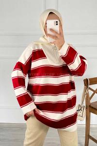 Modalamelif Yarım Fermuar Detaylı Kalın Çizgili Kazak Kırmızı