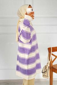 Modalamelif Yarım Fermuar Detaylı Kalın Çizgili Kazak Lila