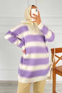 Modalamelif Yarım Fermuar Detaylı Kalın Çizgili Kazak Lila