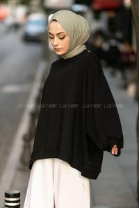 Lamelif Balon Kol Yaka Ve Etek Ucu Manşetli Bol Sweat Siyah