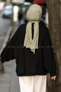 Lamelif Balon Kol Yaka Ve Etek Ucu Manşetli Bol Sweat Siyah