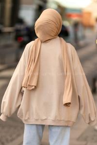 Lamelif Balon Kol Yaka Ve Etek Ucu Manşetli Bol Sweat Sütlükahve