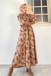 Modalamelif Beli Kuşak Bağlamalı Çiçek Desenli Elbise Kahverengi