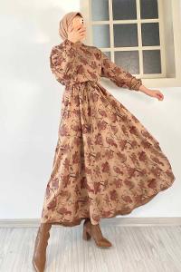 Modalamelif Beli Kuşak Bağlamalı Çiçek Desenli Elbise Kahverengi