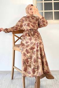 Modalamelif Beli Kuşak Bağlamalı Çiçek Desenli Elbise Kahverengi