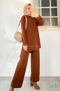 Modalamelif Bisiklet Yaka Duble Kol Yırtmaç Detaylı İkili Takım Kahverengi