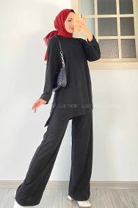 Modalamelif Bisiklet Yaka Duble Kol Yırtmaç Detaylı İkili Takım Siyah