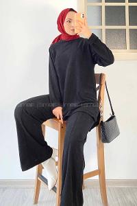 Modalamelif Bisiklet Yaka Duble Kol Yırtmaç Detaylı İkili Takım Siyah