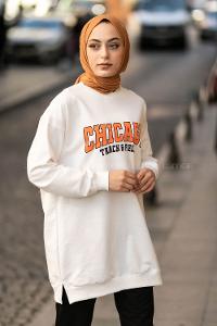 Modalamelif Chıcago Baskılı Yırtmaçlı Kol Lastikili Tunik Beyaz-Oranj