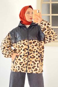 Modalamelif Kapşonlu Leopar Desenli Çift Cepli Mont Leopar