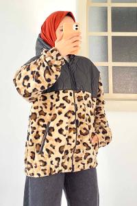 Modalamelif Kapşonlu Leopar Desenli Çift Cepli Mont Leopar