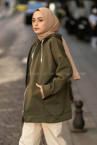 Modalamelif Kapüşonlu Boydan Fermuarlı Cepli Hırka Haki