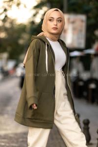 Modalamelif Kapüşonlu Boydan Fermuarlı Cepli Hırka Haki