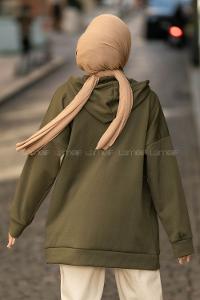 Modalamelif Kapüşonlu Boydan Fermuarlı Cepli Hırka Haki