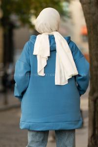 Modalamelif Kapüşonlu Boydan Fermuarlı Cepli Hırka Mavi