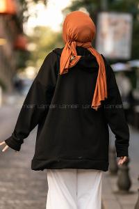 Modalamelif Kapüşonlu Boydan Fermuarlı Cepli Hırka Siyah