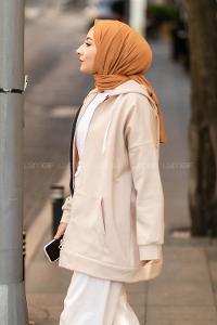 Modalamelif Kapüşonlu Boydan Fermuarlı Cepli Hırka Taşrengi