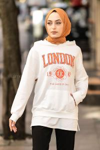 Modalamelif Kapüşonlu London Baskılı Kanguru Cepli Sweat Beyaz