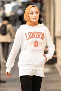 Modalamelif Kapüşonlu London Baskılı Kanguru Cepli Sweat Beyaz