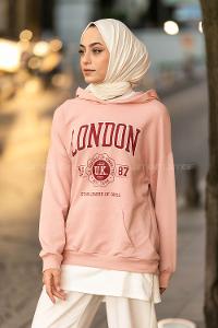 Modalamelif Kapüşonlu London Baskılı Kanguru Cepli Sweat Pudra