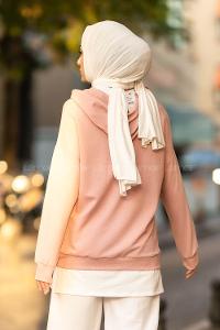 Modalamelif Kapüşonlu London Baskılı Kanguru Cepli Sweat Pudra