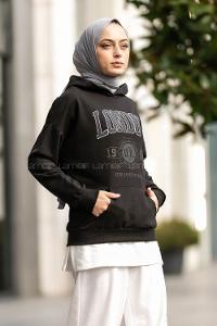 Modalamelif Kapüşonlu London Baskılı Kanguru Cepli Sweat Siyah