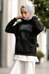 Modalamelif Kapüşonlu London Baskılı Kanguru Cepli Sweat Siyah