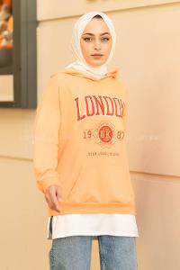 Modalamelif Kapüşonlu London Baskılı Kanguru Cepli Sweat Somon