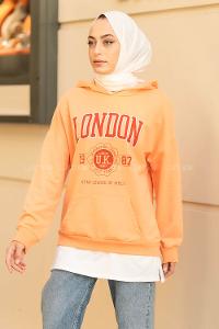 Modalamelif Kapüşonlu London Baskılı Kanguru Cepli Sweat Somon