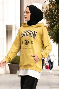 Modalamelif Kapüşonlu London Baskılı Kanguru Cepli Sweat Yağ Yeşili