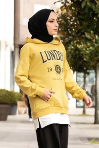 Modalamelif Kapüşonlu London Baskılı Kanguru Cepli Sweat Yağ Yeşili