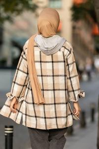 Modalamelif Kapüşonlu Tek Cep Detaylı Oduncu Ekose Gömlek Ekru-Taş