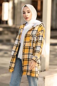 Modalamelif Kapüşonlu Tek Cep Detaylı Oduncu Ekose Gömlek Sarı-Siyah