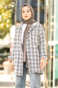 Modalamelif Kapüşonlu Tek Cep Detaylı Oduncu Ekose Pötikare Açık Mavi